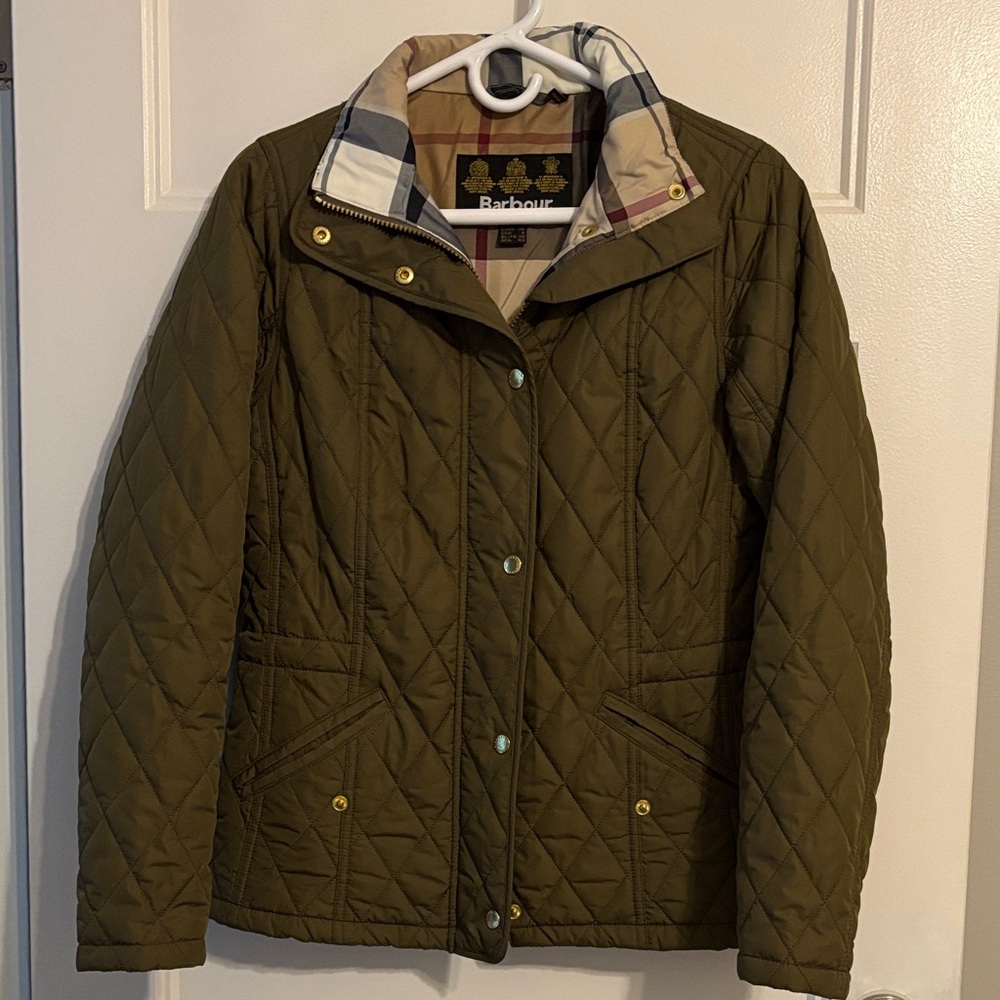 BNWT Barbour Millfire tartan quilted jacket in olive / hessian - size US 6 UK 10